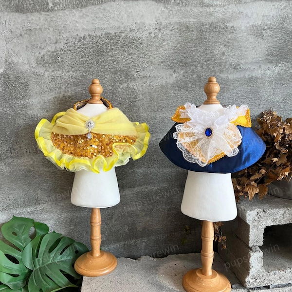 Halloween Dog Costume Beast Prince and Princess Belle Inspired, Navy & Yellow Bandana Bib for Large Dogs and Cats, Pets Bibs Cosplay Outfit