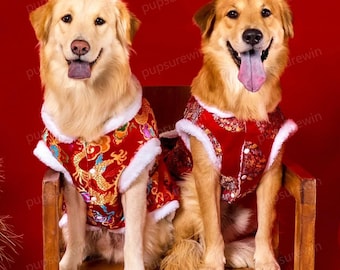 Chinese New Year Outfit for Large Dogs, Customizable Red Sleeveless Tang Suit Fleece Lined
