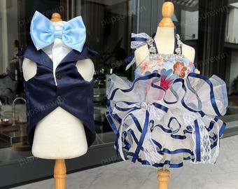 Custom Pet Wedding Suit Navy Tuxedo with Light Blue Bow Tie, 3D Flower Rhinestone Tutu Dress for Small Medium Large Dogs Cats Birthday