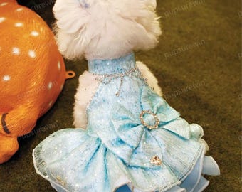 Sparkly Ice Blue Dog Princess Costume, Custom Wedding Dress for Small Medium Large Dogs