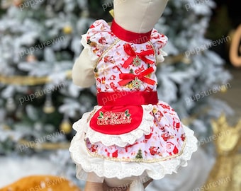 Kersthuisdierkostuum, op maat gemaakte jurk met kerstman en sneeuwpopprint voor honden en katten, vrolijk kerstfeest huisdieroutfit, kerstcadeau