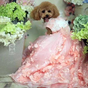 Dog 3D Flower Long Trailing Dress, Pink Floral 3D Dress Floor Length, Cat Dog Wedding Costume, Princess Dog Birthday Outfit, Pet Clothes