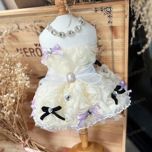 Custom Pet Wedding Dress, 3D Rose Ivory White Tulle Dress for Dogs and Cats, Bridesmaid Dog Tutu Dress, Luxury 3D Floral Birthday Dog Dress