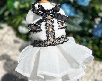 Custom Parisian Style Pet Dress - Black & White Dog Dress, Classic French Chic Couture for Cats and Large Dogs, Luxury Pets Clothes Birthday