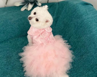Abito da sposa per cani su misura, abito da damigella d'onore in tulle rosa pallido per cani di grossa taglia, costume da principessa per compleanno di Quinceanera, vestiti per animali domestici