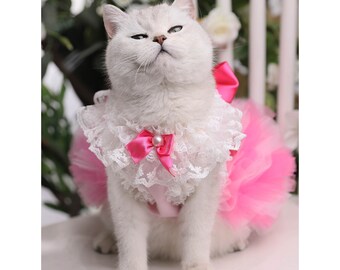 Cat Wedding Tutu Dress Pink, Cat Birthday Outfit, Cat Quinceanera Party Gown, Cat Princess Costume, Kitten Cat Dog Pet Clothes Customized