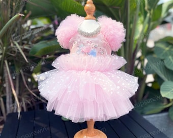Dog Wedding Dress Custom Size, Pink Flower Tulle Dress for Large Dogs and Cats, Birthday Dog Outfit Dog Princess Costume, Pets Clothes Gift