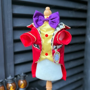 Halloween White Rabbit Costume for Dogs and Cats, Custom Pets Clothes, Pet Cosplay Outfit Red Yellow Satin Blazer & Purple Bow Tie Set