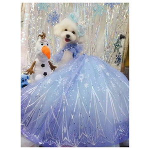 Dog Princess Dress Inspired from Elsa Dog Halloween Costume, Dog Long Trailing Gown Frozen Blue, Cat Dog Birthday Party Pet Clothes Custom