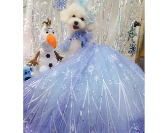 Dog Princess Dress Inspired from Elsa Dog Halloween Costume, Dog Long Trailing Gown Frozen Blue, Cat Dog Birthday Party Pet Clothes Custom