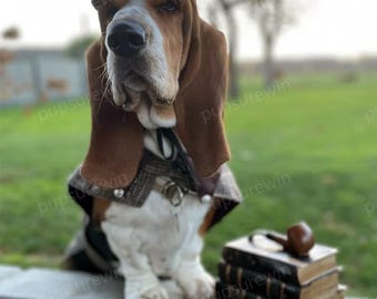 Disfraz de detective para perro para Halloween, sombrero de cazador con agujeros para las orejas, abrigo de lana a cuadros marrón vintage para gatos y perros, ropa de invierno personalizada para mascotas.