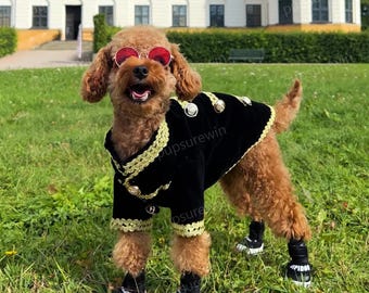 Dog Prince Costume Halloween, Black Velveteen Coat for Dogs and Cats,  Wedding Dog Suit Military Uniform, Fall Winter Pet Clothes Custom Size