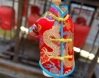 Chinese New Year Pet Costume, Red Gold Dragon Embroidered Tang Suit for Dogs & Cats