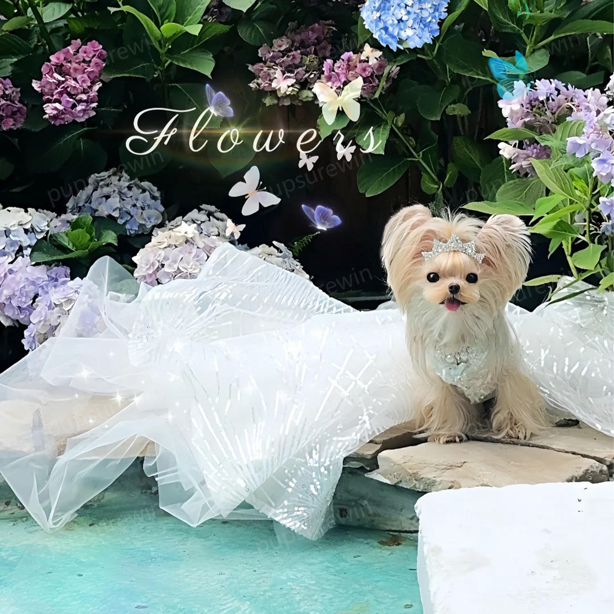 Custom Dog Wedding Dress Sparkly White Long Train Gown, Bride