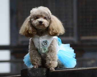 Dog Wedding Dress, Dog Tutu Dress Blue, Cat Dog Party Prom Fancy Gown, Cat Dog Birthday Outfit, Dog Princess Costume Pet Clothes Custom Size