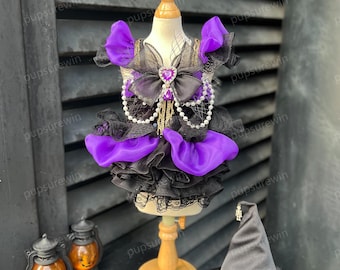 Halloween Witch Pet Dress with Witch Hat, Black Purple Gothic Costume for Dogs and Cats, Custom Size