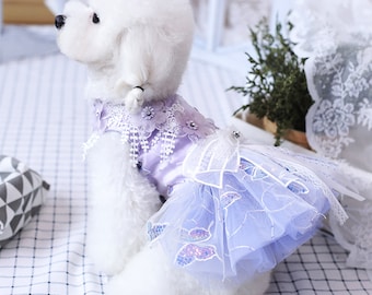 Dog Wedding Dress Lilac Tulle Gown,Flower Fairy Costume Butterfly Sequin Sparkly Party Dress for Large Dogs and Cats,Pet Clothes Custom Size