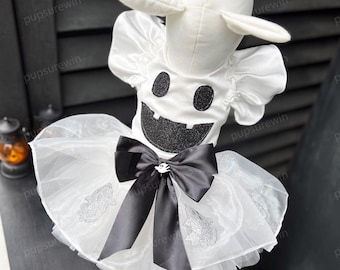 Ghost Pet Costume, Custom Size Halloween Dog & Cat Dress with Black Bow