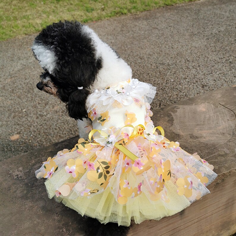 Robe fleurie pour chien Rose Sakura, Déguisements floraux 3D pour chien et chat, Tenue d'anniversaire de mariage pour chien, Déguisement de princesse Vêtements pour animal de compagnie Taille personnalisée Yellow