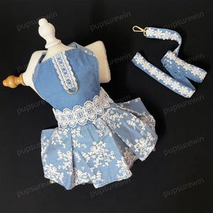 Dog Denim Harness Dresss with Leash, Small Dog Harness Ruffled, Blue Denim Soft Large Dog Harness and Leash Set, Cowboy Dog Harness Dress