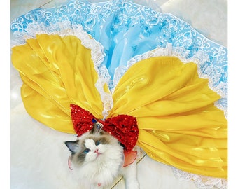 Cat Halloween Costume Inspired from Snow White, Pet Long Trailing Gown, Cat Dog Princess Costume Cosplay Party Dress, Pet Clothes Customized