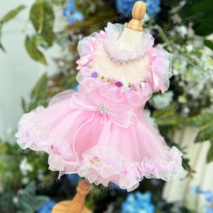 Custom Pets Wedding Dress - Pink Flowers Tulle Dress for Large Dogs and Cats, Birthday Dog Dress, Summer Pets Clothes Dog Flower Girl Dress