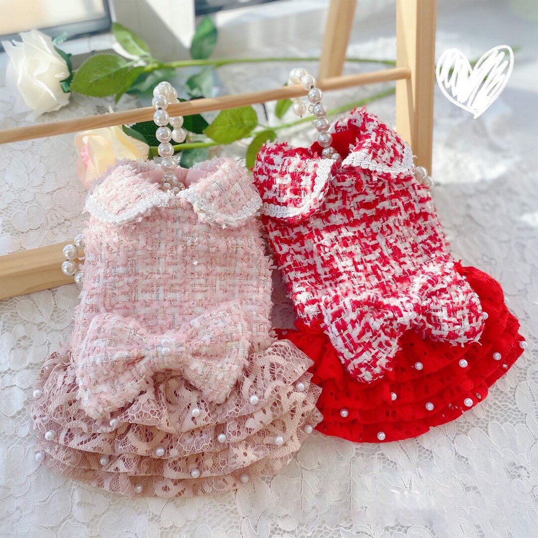 Red Pink Tweed Dog Dress, 1960s Vintage Coco Princess Costume Dog