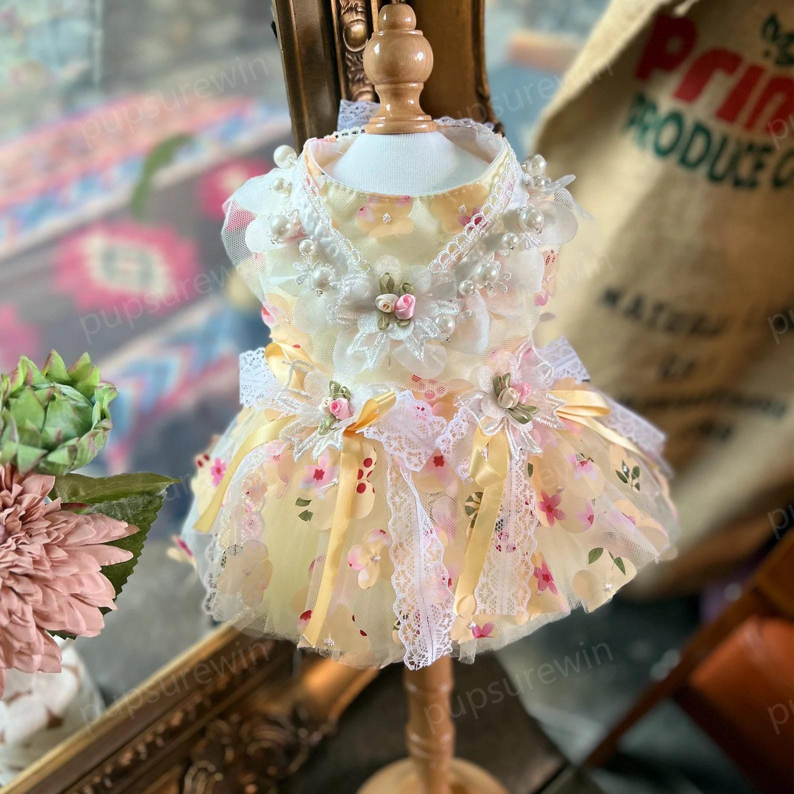 猫用フラワードレス 桜ピンク 花柄ファンシーチュチュドレス 猫と犬用