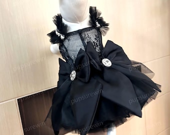 Summer Pet Tutu Dress, Custom Black Floral Lace Rhinestone Gown for Dogs and Cats Gothic Party or Pageant, French Chic Costume