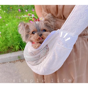 Natural White Pet Carrier Bag, Crossbody Dog Sling, Hands-Free Shoulder Strap for Puppies Small Dogs and Cats, Heart-Shaped Mesh Sling Bag