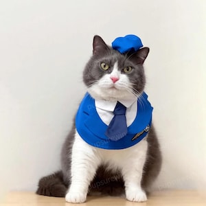 Cat Pilot Costume Halloween Dress Up, Blue Bandana Bib for Large Dogs and Cats, Flight Attendant Airman Cosplay Outfit, Custom Pets Clothes