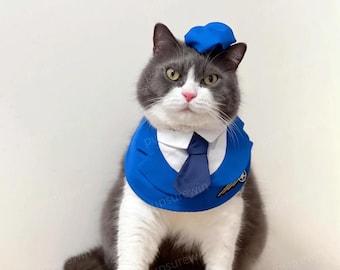 Cat Pilot Costume Halloween Dress Up, Blue Bandana Bib for Large Dogs and Cats, Flight Attendant Airman Cosplay Outfit, Custom Pets Clothes