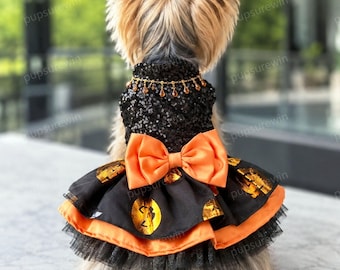 Halloween Pumpkin Pet Costume, Custom Size Black Orange Sequin Dress for Dogs and Cats