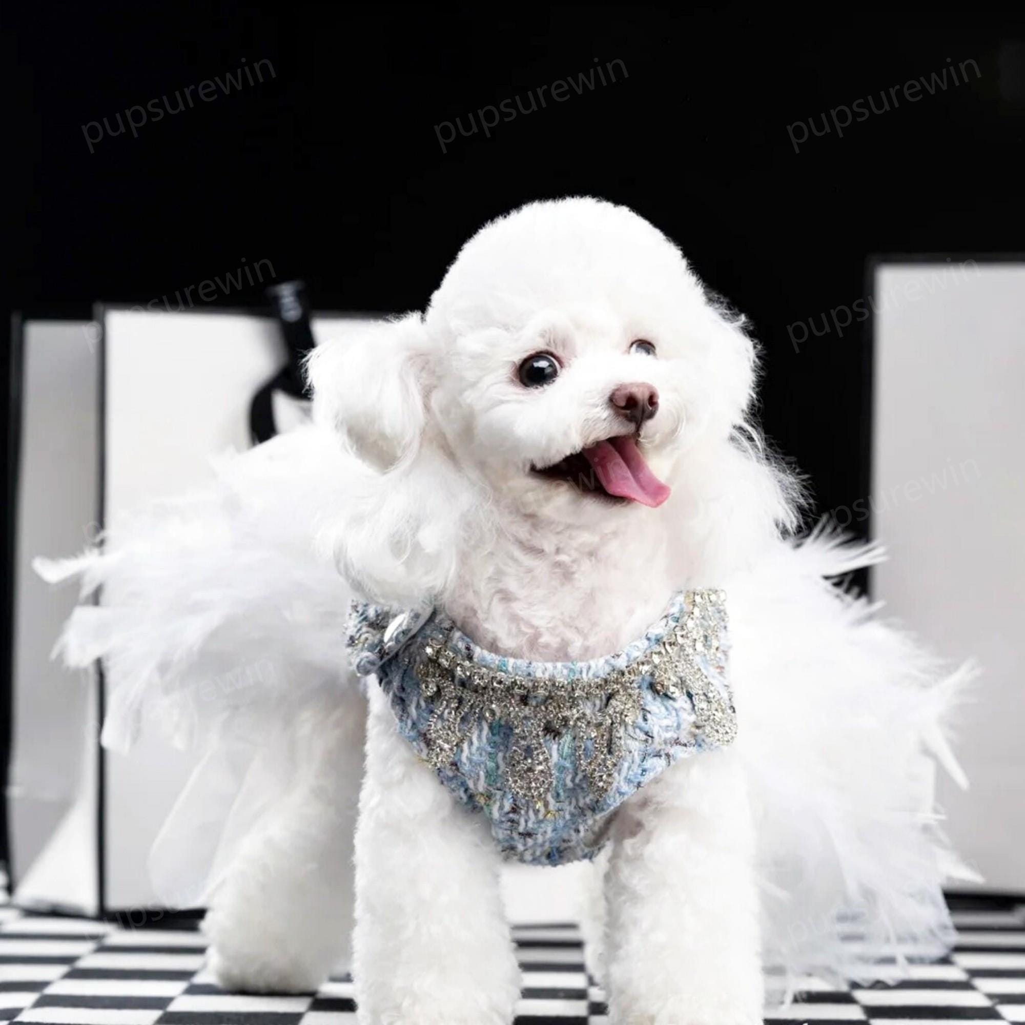 Haze Blue Tweed White Feather Tutu Dress for Dogs and Cats, Custom Pets Clothes, French Chic Pet Couture, Birthday Wedding Dog Dress Vintage