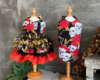 Halloween Dog Costume, Skeleton Skulls and Rose Print Costume for Large Dogs and Cats, Spooky Halloween Party Dog Dress, Custom Pets Clothes
