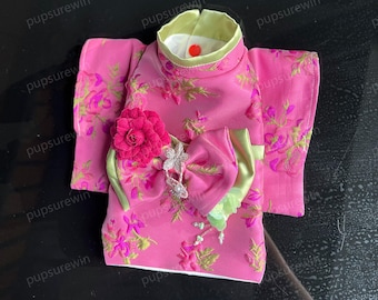 Fuchsia Floral Pet Kimono Custom Size, Cat Dog Sakura Festival Costume Family New Year Photoshoot Outfit, Pet Yukata Hot Pink