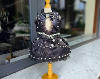 Black Satin Rhinestone Pet Evening Gown, Gothic Lolita Dress for Dogs & Cats, Custom Size