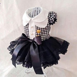 K&ouml;nnte beinhalten: Ein schwarz-wei&szlig; kariertes Kleid mit wei&szlig;em Kragen und einer schwarzen Schleife. Das Kleid hat einen schwarzen T&uuml;llrock mit Spitzenbesatz.