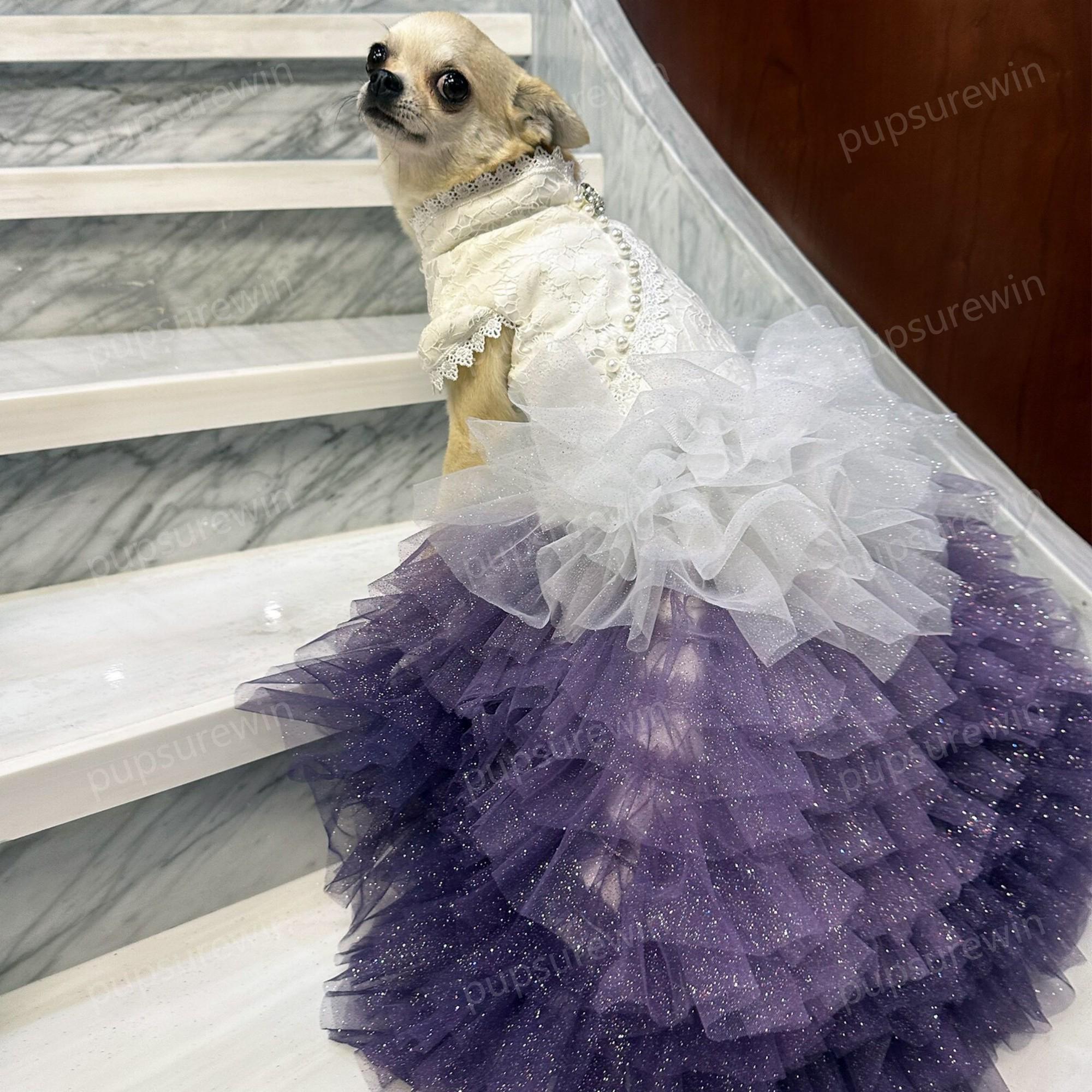 Custom Dog Wedding Dress Long Train Gown, Sparkly Purple Long