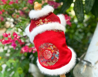 Chinese New Year Dog Outfit, Spring Festival Pet Costume, Red "Fu" Cheongsam, Custom Sizing