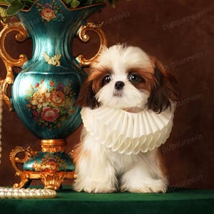 Könnte beinhalten: Ein kleiner Hund mit braun-weißem Fell trägt einen weißen Rüschenkragen. Der Hund sitzt vor einer türkisfarbenen Vase mit goldenen Akzenten und floralen Mustern. Eine Perlenkette und der Text "pupsurewin" sind ebenfalls zu sehen.