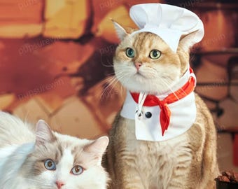 Halloween Cat Chef Costume, Pet Baker Outfit, Chef Hat with Ears Holes, Baker Bandana Bib for Cats and Dogs, Western Restaurant Cook Uniform