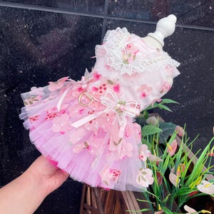 Dog Harness Tutu Dress, Dog Flower Dress Sakura Pink, 3D Floral Fancy Dress for Dog,Cat Dog Wedding Birthday Party Outfit Pet Clothes Custom