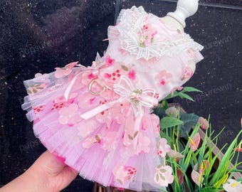 Hundsele Tutuklänning, Hundblomklänning Sakura Rosa, 3D Blommig Maskeraddräkt för Hund, Katt Hund Bröllop Födelsedagsfest Outfit Husdjurskläder Anpassade