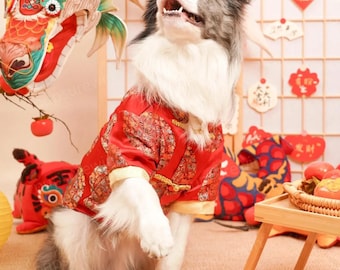 Large Dog New Year Outfit Dog Tang Suit, Chinese Spring Festival Costume Red Coat for Golden Retriever Labrador Husky Samoyed Poodle Shiba