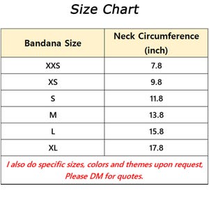 Pode incluir: Uma tabela de tamanhos para bandanas, mostrando o tamanho da bandana e a circunfer&ecirc;ncia do pesco&ccedil;o correspondente em polegadas. Os tamanhos incluem XXS, XS, S, M, L e XL.