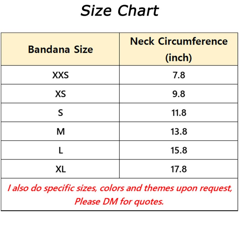Pode incluir: Uma tabela de tamanhos para bandanas, mostrando o tamanho da bandana e a circunfer&ecirc;ncia do pesco&ccedil;o correspondente em polegadas. Os tamanhos incluem XXS, XS, S, M, L e XL.