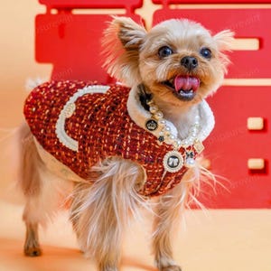 Red Tweed Dog Dress Custom Size, Vintage Tweed Jacket for Large Dogs and Cats, Wedding Dog Dress, Birthday Quinceanera Outfit Pets Clothes