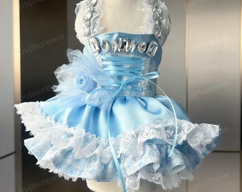 Vestito per animali domestici con strass, abito blu con volant per cani e gatti, ideale per matrimoni e compleanni, taglia personalizzata.