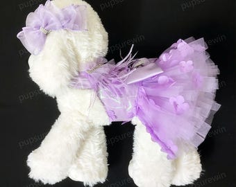 Hundsele-tyllklänning, hundklänning med 3D-blommor i lavendel, brudklänning för katt och hund, födelsedagsoutfit för hundprinsessa, husdjurskläder, anpassad storlek och färg